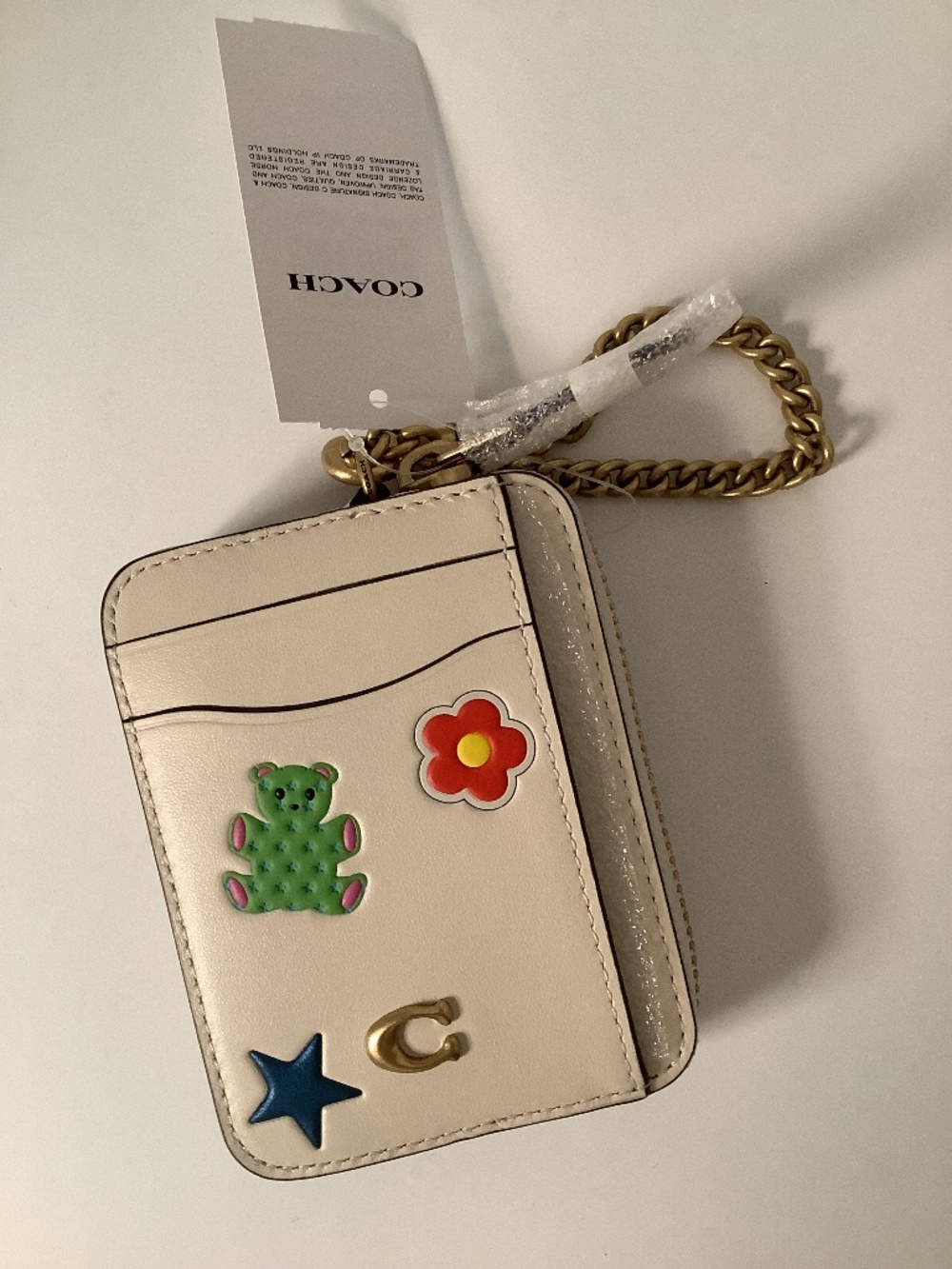 NWT Coach Essential Zip Card Case Wallet Sticker Print Brass & Chalk Leather